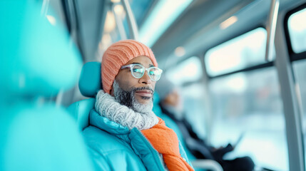 A traveler enjoys a peaceful moment aboard a train, wrapped in warm clothing and surrounded by a winter wonderland outside. The atmosphere is serene