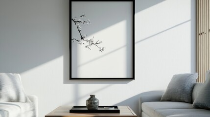 Minimalist Living Room Interior Design with White Walls  Black Framed Art and Grey Cushions