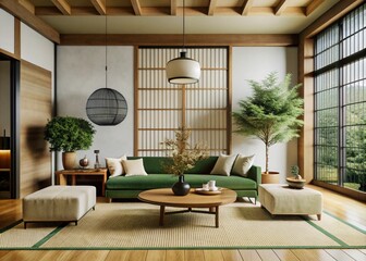 Japandi, minimalist interior design of modern living room.