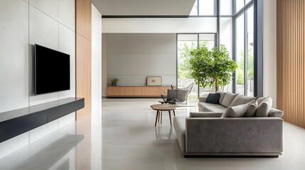 Fototapeta premium Modern living room with large windows, minimalist furniture, and indoor plants.