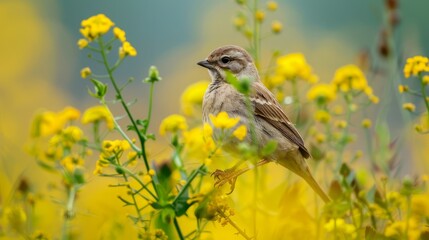  A small bird perches atop a yellow bloom-filled meadow Yellow flowers populate the foreground, and a blue sky stretches overhead