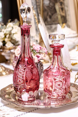 Crystal DECANTER With Cranberry Overlay NACHTMANN Traube. Mid century thick crystal decanter with gold ruby overlay and cut-to-clear grapes decor. Ideal for whiskey, cognac or any other solid drink. 