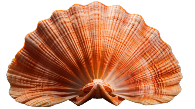 beautiful ocean scallop shell, studio view, isolated on transparent background.