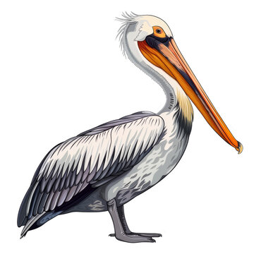 recommend clip art: A pelican with white feathers and a long orange beak is standing with its head held high.
