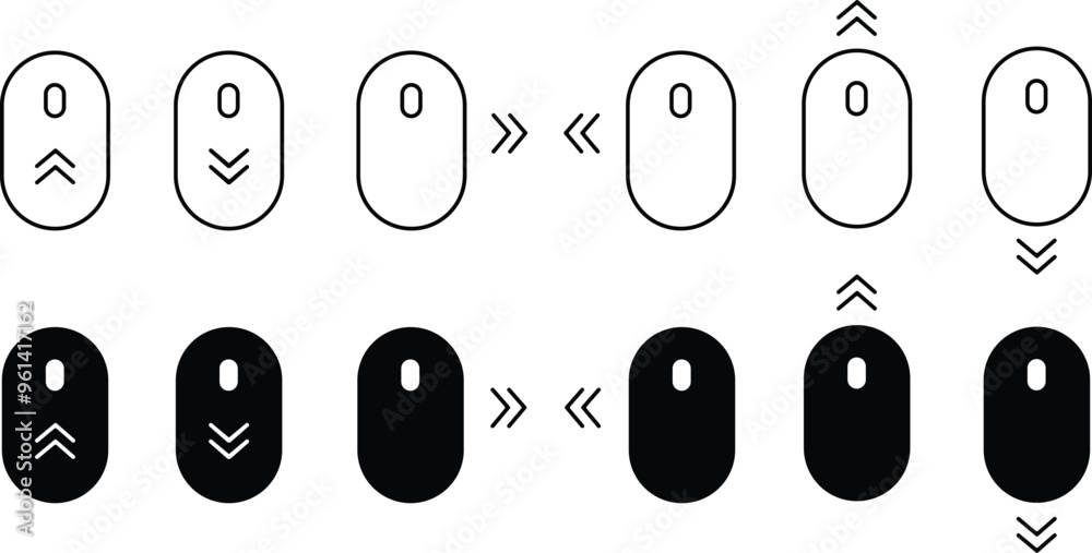 Poster scroll mouse icons set in black line, flat styles. swipe mouse signs vectors illustration. modern pi