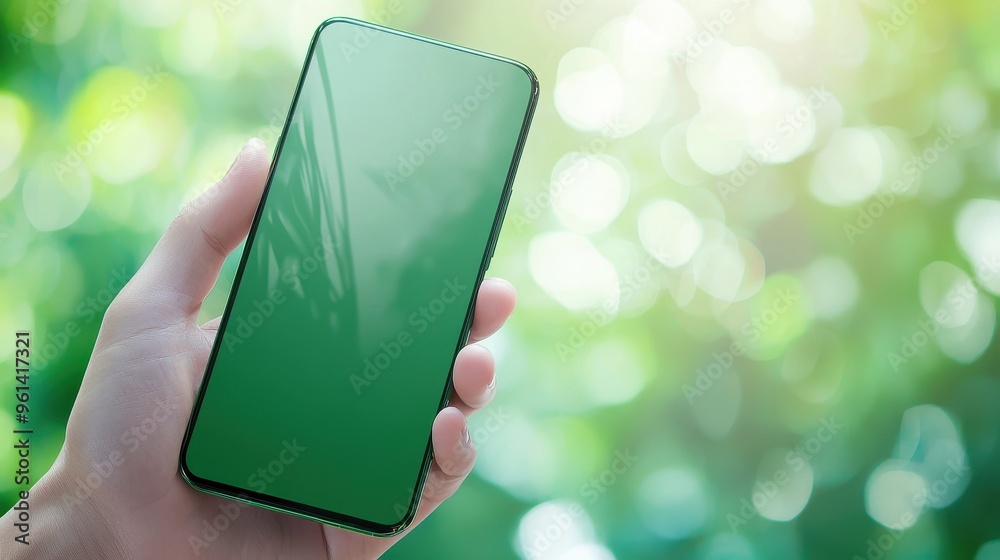 Poster Hand Holding Smartphone With Green Screen Against Bokeh Background