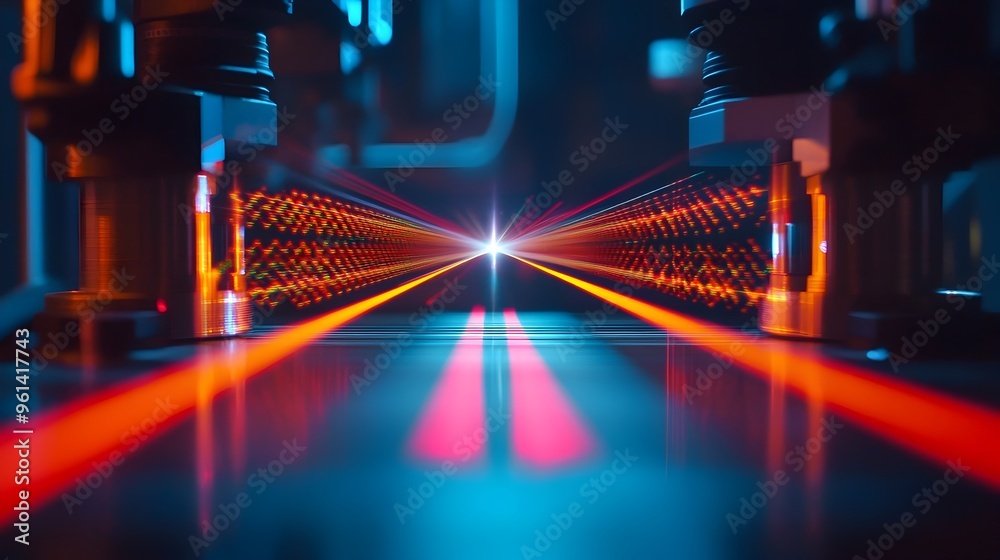 Poster holographic simulation depicting the wave particle duality of light in the famous double slit experi