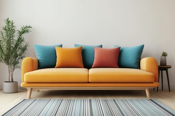 Orange Couch with Colorful Pillows in Modern Living Room Interior Design