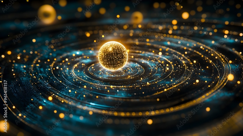 Poster hologram visualization depicting the dynamic motion of celestial bodies within a gravitational physi