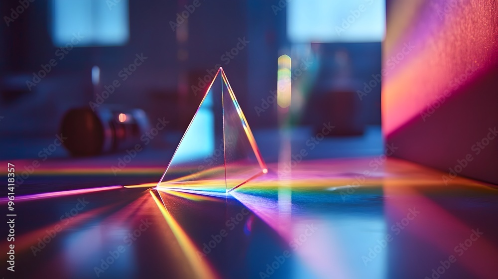 Poster holographic display showcasing the refraction of light through a prism in an optics experiment demon