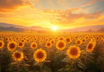  A vibrant sunflower field under the golden sunset, with each flower radiating warmth and joy. Created with Ai