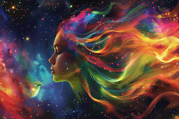 Colorful cosmic woman with flowing multicolored hair merging into the stars, symbolizing the beauty of imagination, dreams, and the galaxy.