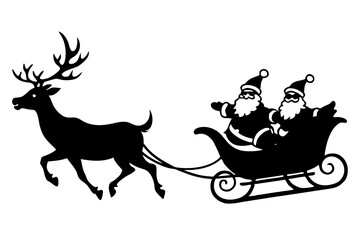 Santa Claus flies in a sleigh with reindeer over the city. Christmas silhouette. Template for laser or paper cutting, printing on T-shirts, mugs. Vector illustration.