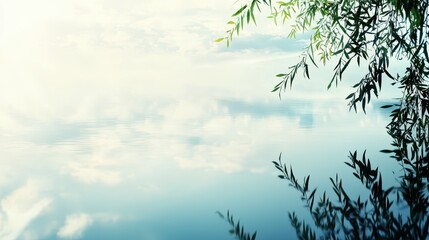 Tranquil Lake with Green Branches and Reflections of Clouds
