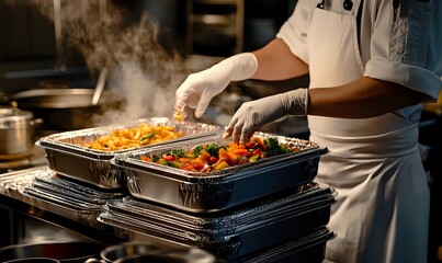Chef Arranges Steaming Dishes of Food in Aluminum Trays