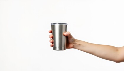 Hand holding a blank white metal travel mug
