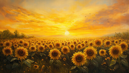 Fototapeta premium An oil painting of sunflowers in a field, with a yellow background and the sun shining. Created with Ai
