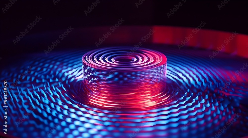 Poster holographic visualization showcasing the doppler effect with moving sound sources in a physics model