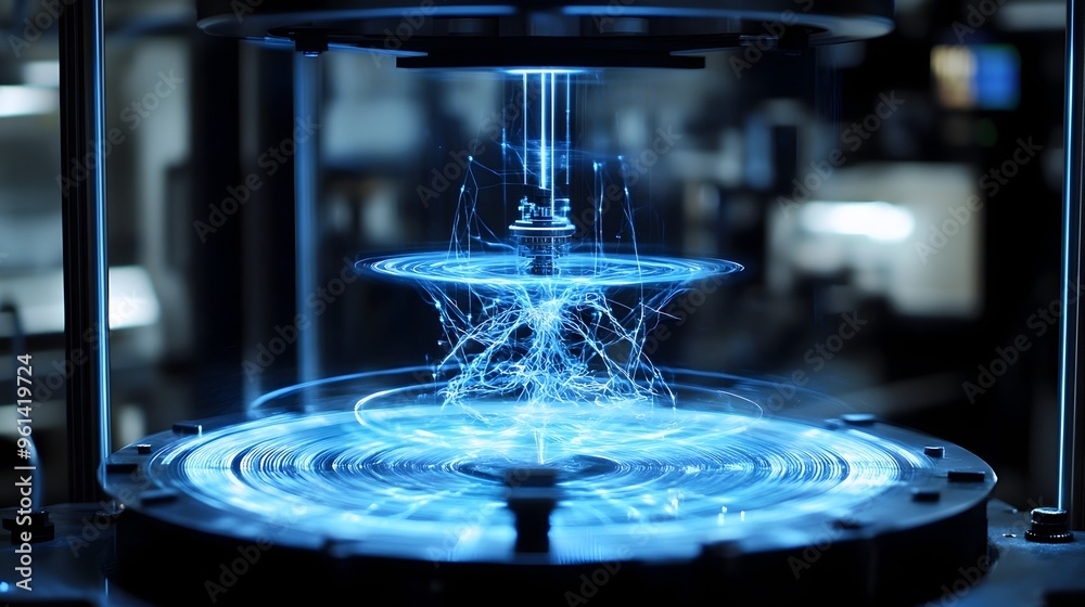 Poster holographic visualization depicting the conservation of angular momentum in a rotating physical syst