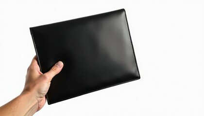 Hand holding a plain black leather portfolio, isolated on a clean white background