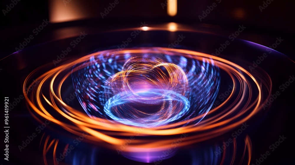 Poster holographic visualization depicting the conservation of angular momentum in a rotating system a scie