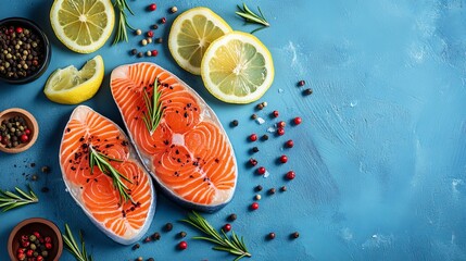 Fresh salmon steak on a blue surface, garnished with rosemary, lemon slices, and spices. 
