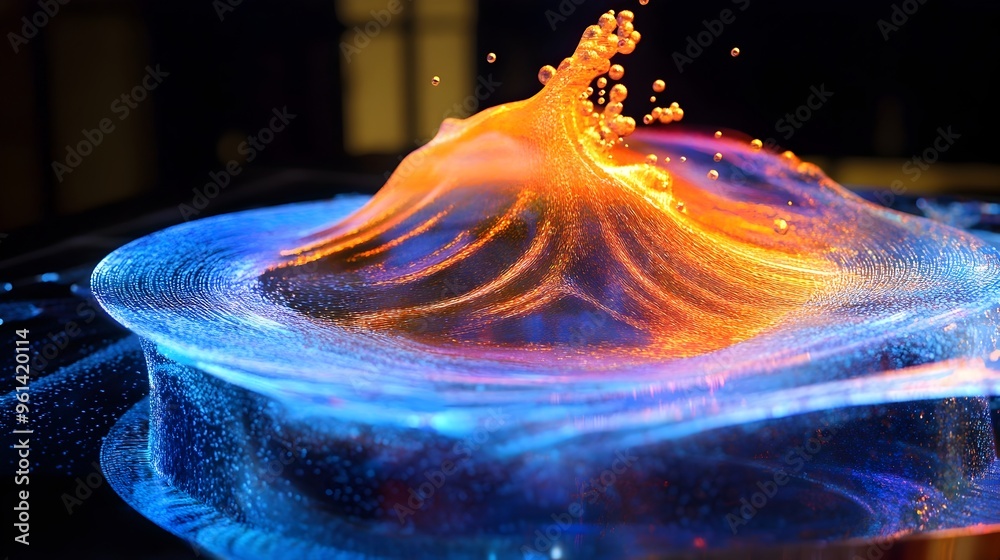 Poster a holographic display presenting a simulation of fluid dynamics visualizing the intricate patterns a