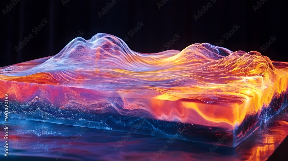 Poster holographic display showcasing the principles of fluid dynamics including a simulation of turbulent 