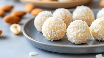coconut-coated almond balls placed neatly on a gray ceramic plate, Generative AI