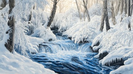 A detailed painting of a stream flowing through a snowy forest, with icy blue waters and white-covered trees.
