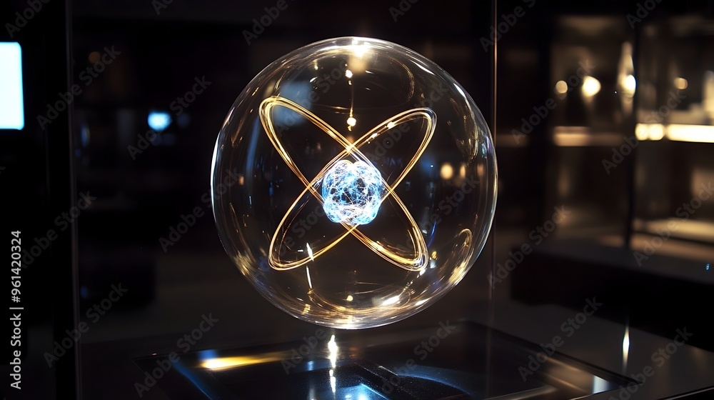 Poster holographic 3d depicting the electron cloud model of an atom showcasing the complex subatomic struct