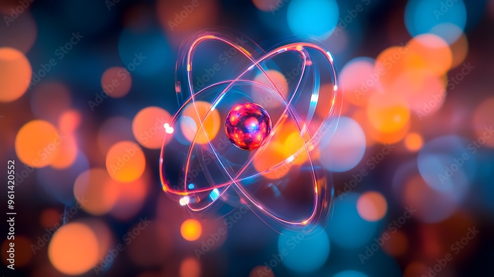 Poster holographic visualization of the electron cloud model of an atom showcasing the intricate structure 
