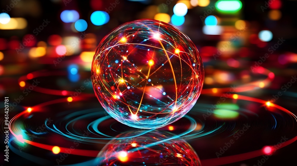Poster holographic visualization of quantum electron orbital mechanics in an atom a futuristic digital show