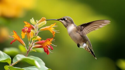 Fototapeta premium Hummingbirds are minute, vibrant birds that significantly contribute to honey production. Their diet primarily consists of nectar from flowers, which they extract using their elongated beaks. 