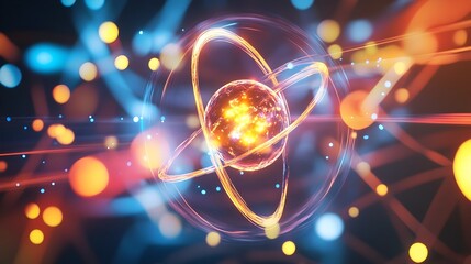 Fototapeta premium Holographic visualization depicting the interaction of photons with electron transitions within an atomic structure showcasing the scientific principles behind quantum mechanics and atomic physics