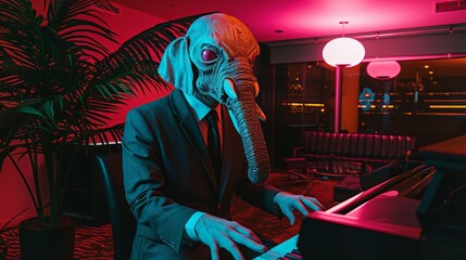 Fototapeta premium Anthropomorphic Elephant Musician in Suit Plays Piano in Neon-lit Retro Interior at Night