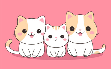 Fototapeta premium Cat family set. Three cute kitten. Funny face head. Contour line doodle. Orange, white, gray colors. Cartoon kawaii baby character. Sticker. Childish style. Flat design. Pink background. Vector