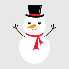 Snowman with black hat, red scarf. Cute Cartoon kawaii simple funny baby character. Merry Christmas. Nose carrot. Greeting card, sticker print template. Flat design. Isolated. White background. Vector