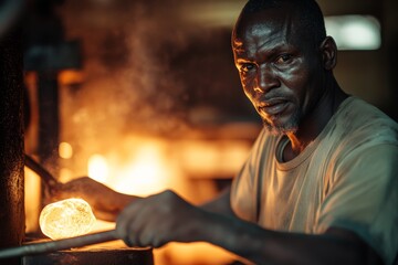 An artisan skillfully shaping a chunk of glass with precise maneuvers in a blazing workshop environment, showcasing the age-old craft of glassblowing with dedication and skill.