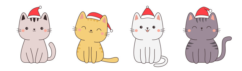 Merry Christmas cat icon set. Cute kitten face. Red Santa Claus hat. Contour line doodle. Different emotions, colors. Cartoon kawaii funny character. Sticker print. Flat design White background Vector