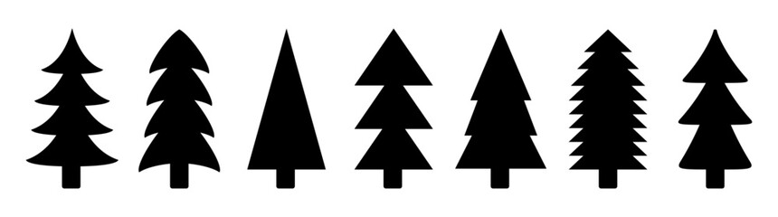 Obraz premium Christmas tree set. Fir tree collection. Pine trees. Black silhouette. Different shape. Greeting card, banner, web, sticker template. New Year winter sign symbol. Flat design. White background. Vector