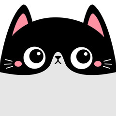 Black and white cat kitten face head silhouette. Cute cartoon funny character. Kawaii pet animal. Pink nose, ears, tongue. Childish style. Sticker print. Flat design. White background. Vector