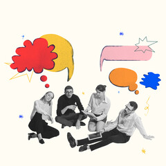 Group of four businesspeople sitting and brainstorming together. Colorful bubbles over head,...