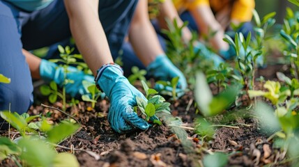 Naklejka premium A close-up of a school community service project with students actively participating, with a minimalist background and plenty of copy space for project highlights
