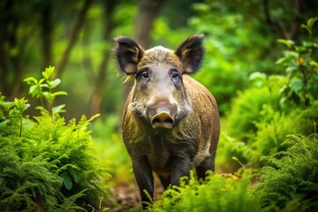 Fototapeta premium A majestic boar stands tall amidst lush undergrowth, its curved tusks and sharp gaze exuding wild beauty, untamed and utterly mesmerizing.