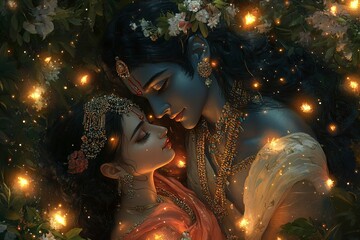 Krishna and Radha embracing in a divine love moment with vibrant colors, intricate patterns, and an ethereal backdrop, new beautiful stock image illustration AI