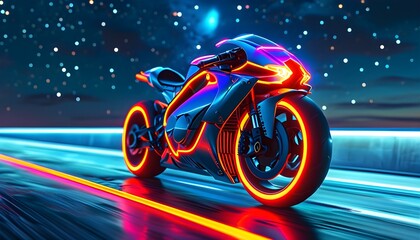 Futuristic motorcycle racing on neon-lit highway beneath a sparkling starlit sky