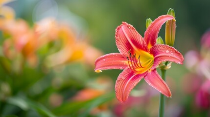  A tight shot of a pink blossom, adorned with water beads on its petals Surrounding background softly blurred with hues of yellow and pink flowers