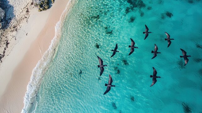 A tranquil beach with clear blue waters lapping at the shore. Beneath the sand, eco-friendly systems harvest energy from the tides, powering the nearby communities without impacting the natural 