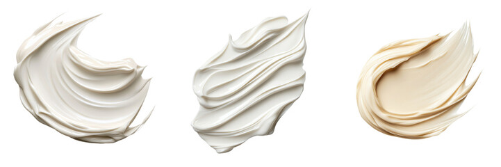 Three elegant swatches of cream paint demonstrating smooth texture and subtle color variations for design and art projects..isolated on transparent or white background, png